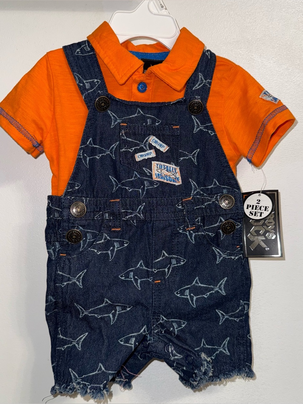 NWT Boys Rock Orange/Blue Overall Shark Theme - “Totally Jawsome” Set 0-3 M